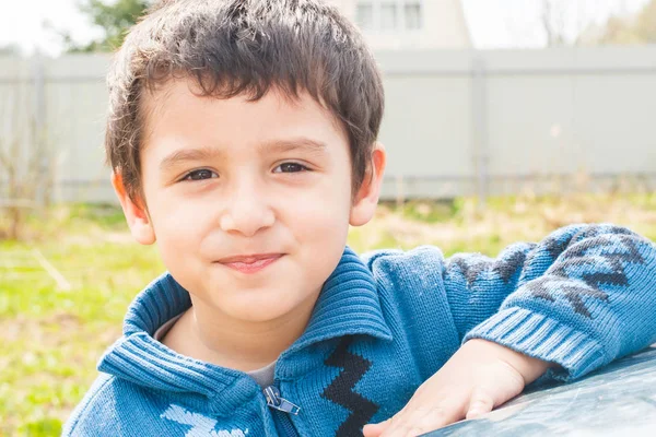 Portrait Dark Haired Boy Close Outdoors — Stock Photo, Image