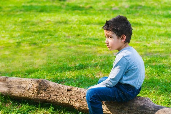 Sad Boy Sitting Alone Log Meadow — Stock Photo, Image