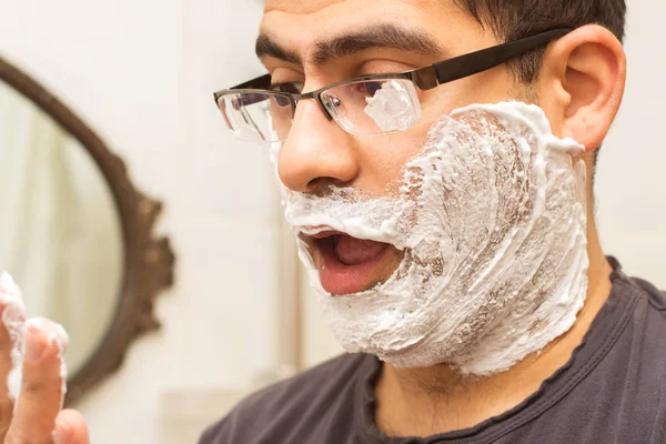 Man Glasses Caucasian Nationality Shaves His Face — Stock Photo, Image