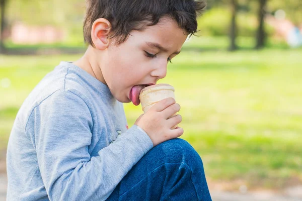 Chico Ojos Marrones Comiendo Helado Parque —  Fotos de Stock