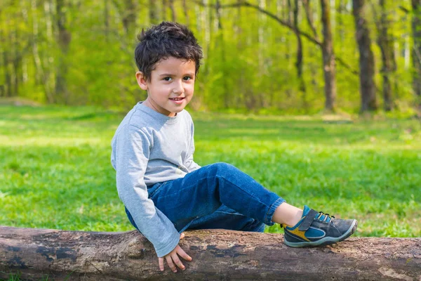 Cheerful Boy Playing Log Woods — Stock Photo, Image