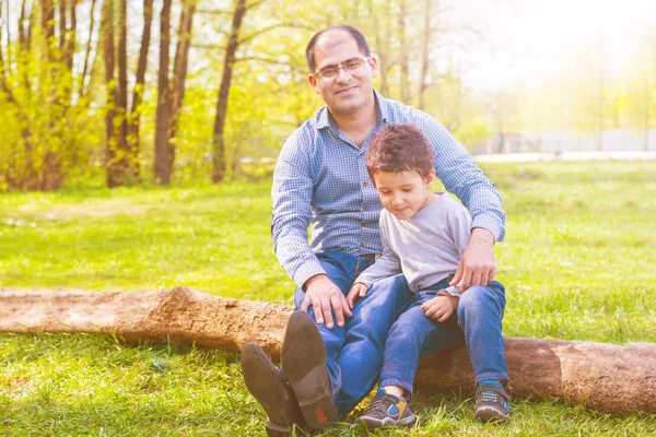 Papá Hijo Sentados Tronco Prado Tonificado — Foto de Stock