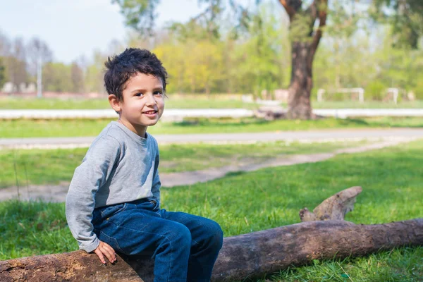 Dunkelhaariger Junge Sitzt Sommer Auf Einem Baumstamm — Stockfoto