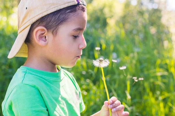 Chico Con Una Camiseta Verde Sopla Sobre Diente León — Foto de Stock