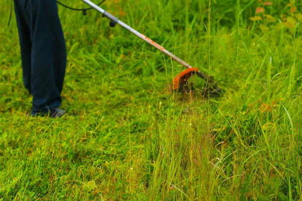 Mann Mit Handrasenmäher Mäht Das Gras — Stockfoto