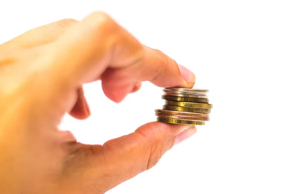 Hand Mit Einem Kleinen Stapel Münzen Auf Einem Isolierten Hintergrund — Stockfoto