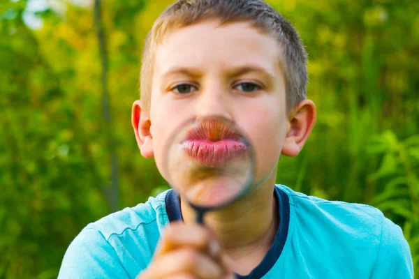 Niño Con Una Lupa Naturaleza —  Fotos de Stock