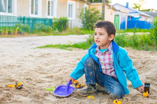 Boy Blue Jacket Playing Sand — Stock Photo, Image