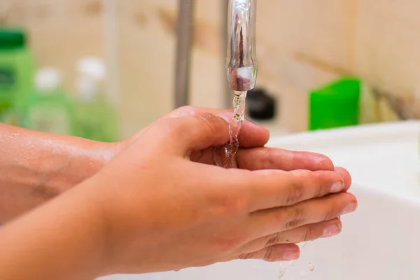 Hands Teenager Bathroom Washes Hands Tap — Stock Photo, Image