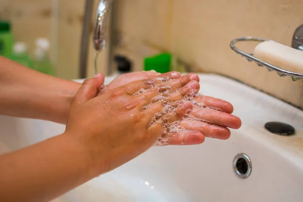 Hands Teenager Bathroom Washes Hands Tap — Stock Photo, Image