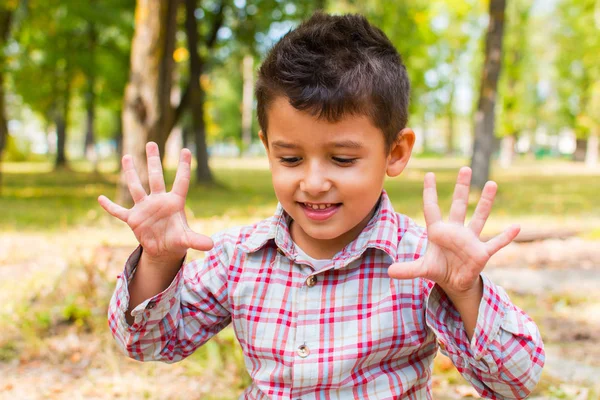 Emotional Boy Shows Hand Gestures Outdoors Autumn — Stock Photo, Image