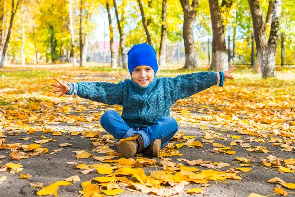 Улыбающийся Мальчик Шляпе Свитере Сидящий Треке Парке Осенью Желтые Листья — стоковое фото