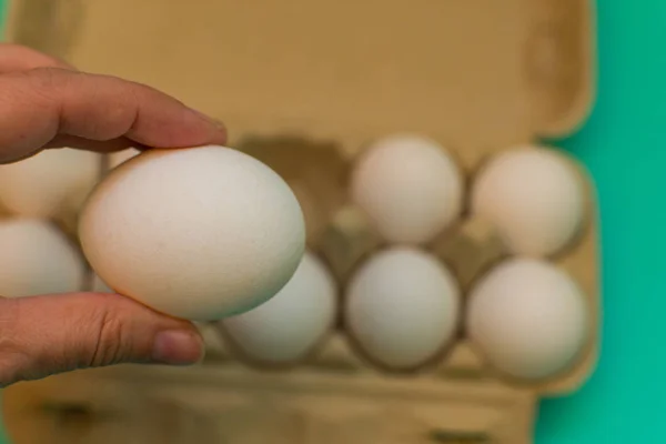 egg in hand on background of other eggs