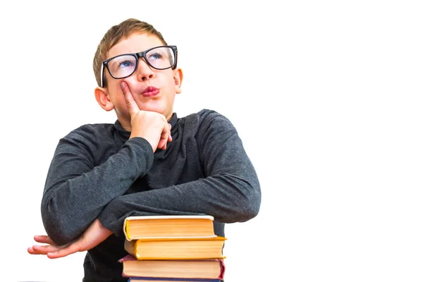 Dreaming Boy Glasses Books White Isolated Background — Stock Photo, Image