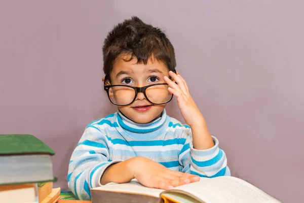 Joyful Boy Glasses Study Table Books — Stock Photo, Image
