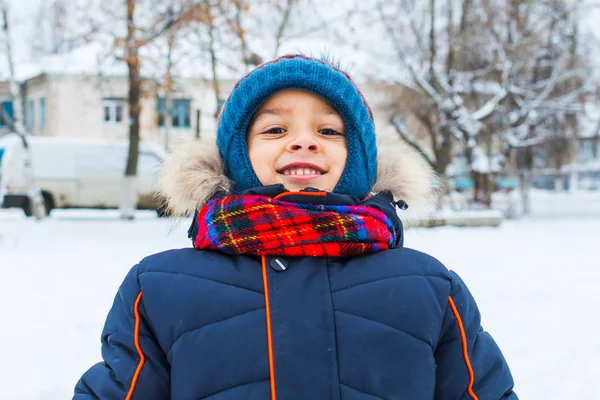 Cheerful Boy Walks Snow Winter — Stock Photo, Image