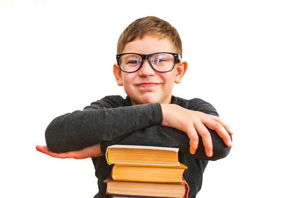 Smiling Boy Glasses Books White Isolated Background — Stock Photo, Image