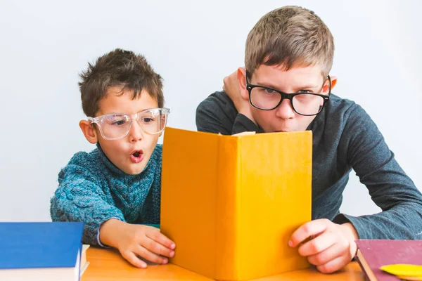Two Boys Watching Book Interest — Stock Photo, Image