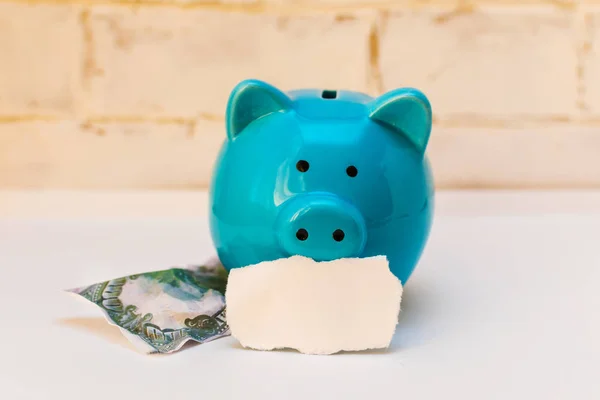 blue piggy Bank with crumpled dollar and space for text on white background