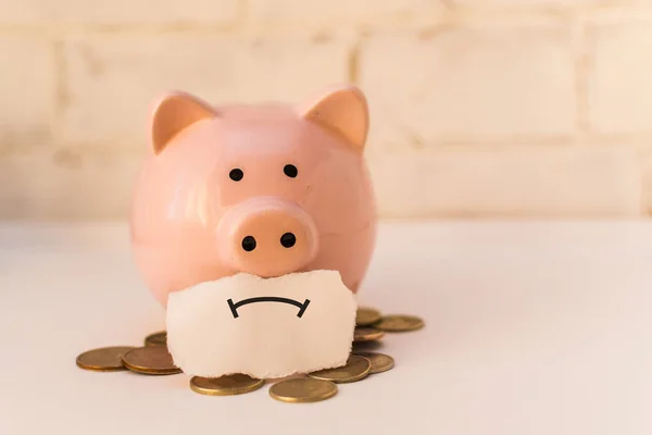 pink piggy Bank is sad. The concept of poverty