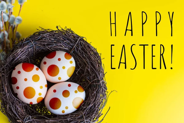 Huevos Pollo Nido Con Una Ramita Sauce Feliz Concepto Pascua — Foto de Stock