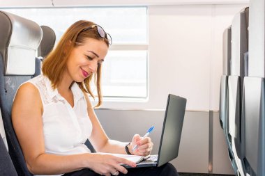Genç iş kadını trenin içinde laptop ile çalışma