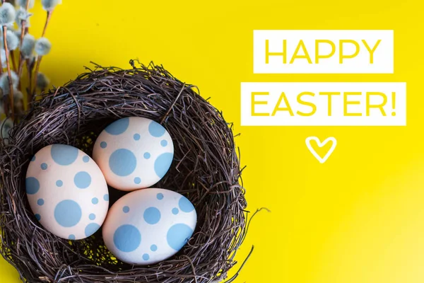 Huevos Pollo Nido Con Una Ramita Sauce Feliz Concepto Pascua — Foto de Stock