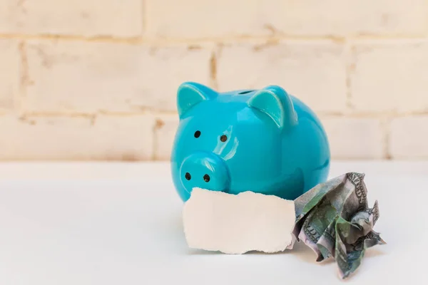 Blue Piggy Bank Crumpled Dollar Space Text White Background — Stock Photo, Image