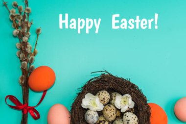 boyalı yumurta ve bıldırcın yumurtası ile söğüt dalları turkuaz bir arka plan üzerinde bir yuva. Mutlu Paskalya kartı.