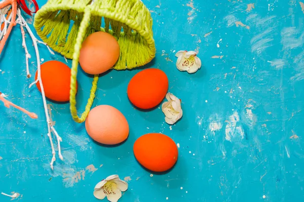 painted eggs, poured from a basket. happy Easter card