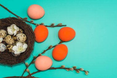 yumurta ve bıldırcın yumurtası bir yuvaya söğüt dalları ile boyanmış bir 