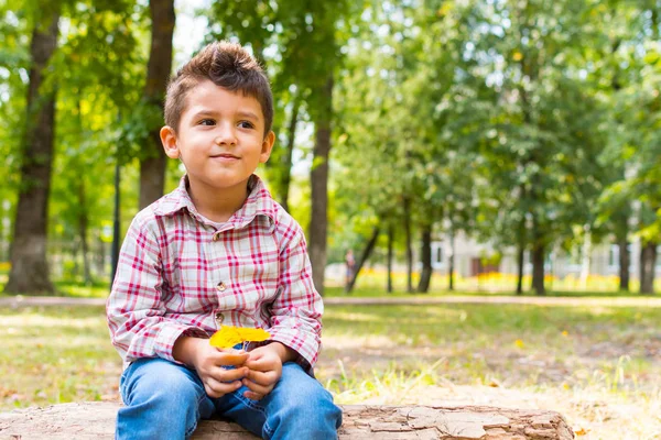Мальчик с желтым листом, сидящий в парке — стоковое фото