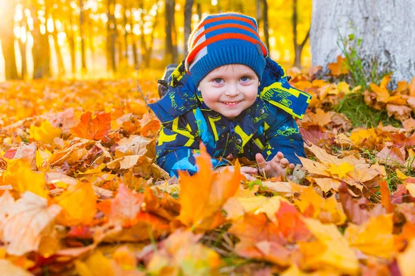 Веселый мальчик на прогулке лежит в осенних листьях — стоковое фото