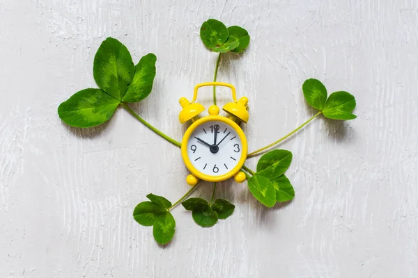 Clover leaves and yellow alarm clock on light background — Stock Photo, Image