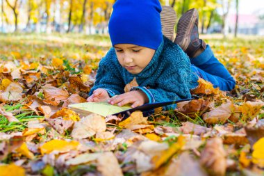 bir kitap ile sarı yaprakları üzerinde yatan neşeli çocuk