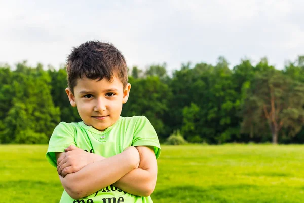 Portrét chlapce 5 let na pozadí hřiště — Stock fotografie