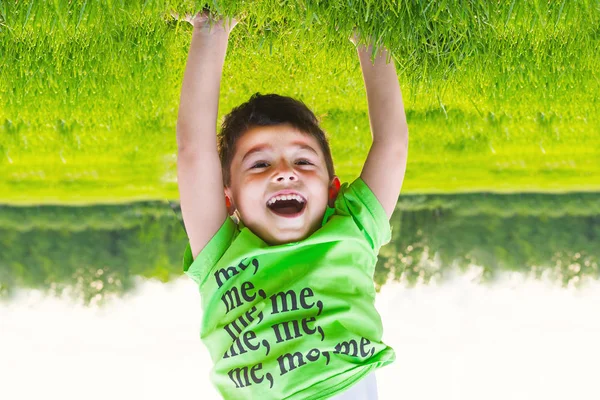 Cheerful boy upside down on the grass — Stock Photo, Image