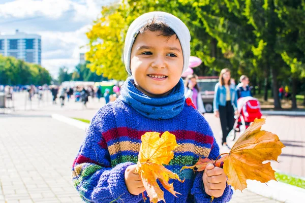 Chlapec Procházce Podzimní Parku — Stock fotografie