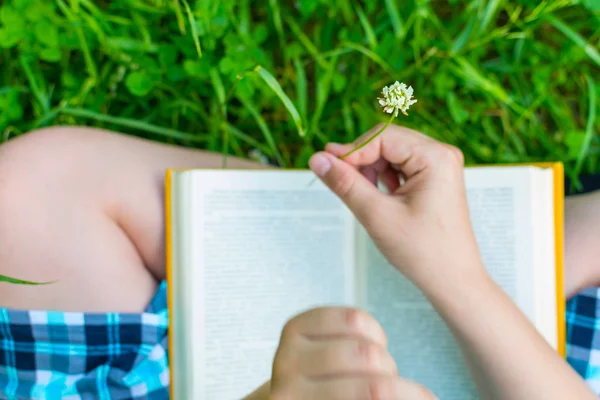 Teen boy reading a book in nature in summer — Stock Photo, Image