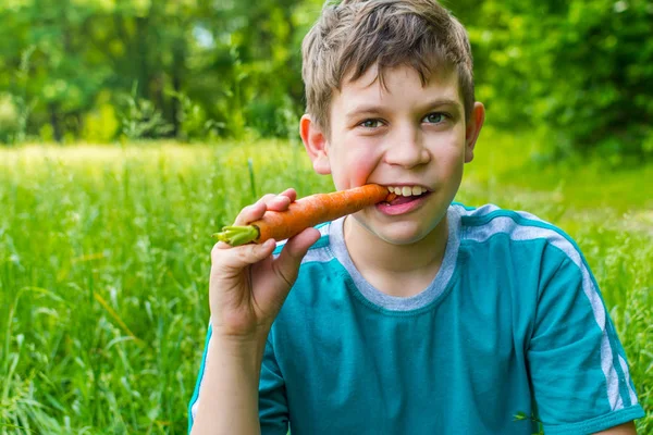 Adolescente chico en la naturaleza con la zanahoria —  Fotos de Stock