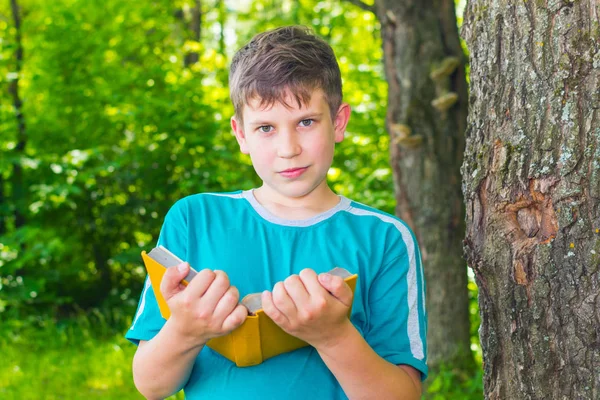 Adolescente chico de pie con un libro cerca de un árbol en verano —  Fotos de Stock