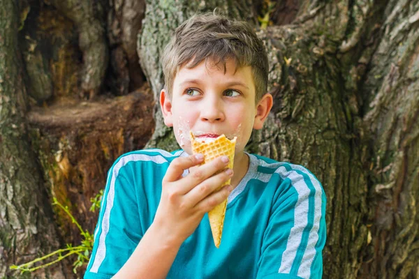 Adolescente chico en el parque comer helado —  Fotos de Stock