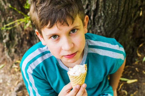 Adolescente chico en el parque comer helado —  Fotos de Stock