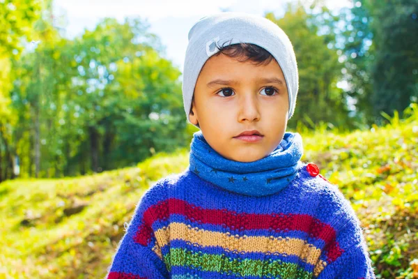 Retrato de um menino de 5 anos de idade em um chapéu e suéter no outono — Fotografia de Stock