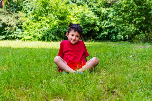 Niño alegre sentado en la hierba en el verano —  Fotos de Stock