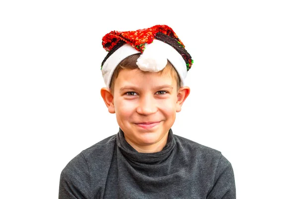 Chlapec v Santa Hatu na bílém izolovaném pozadí — Stock fotografie
