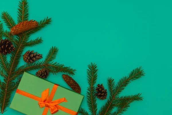 Fondo de Navidad. Ramas de abeto, conos y caja de regalo — Foto de Stock