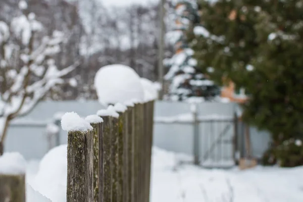 snow on a wooden fence