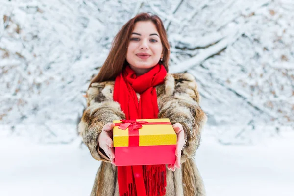 Geschenk in de handen van een mooie vrouw in het winterbos — Stockfoto