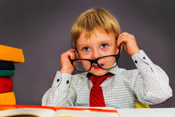 Cute Boy Glasses Sitting Desk Blond Nerd Glasses — Stock Photo, Image